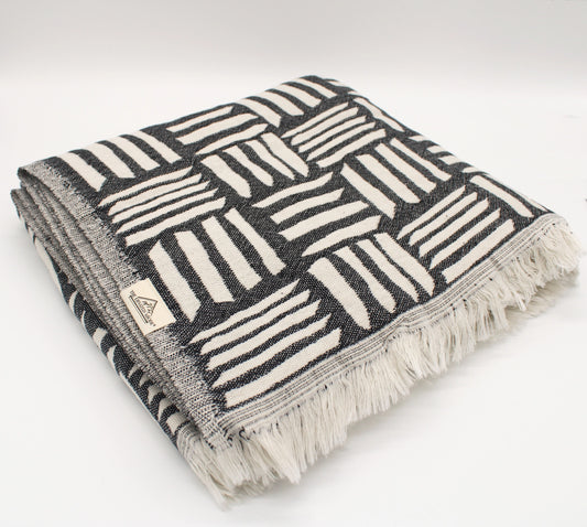 Black Turkish Cotton Geometric Patterned Throw Blanket