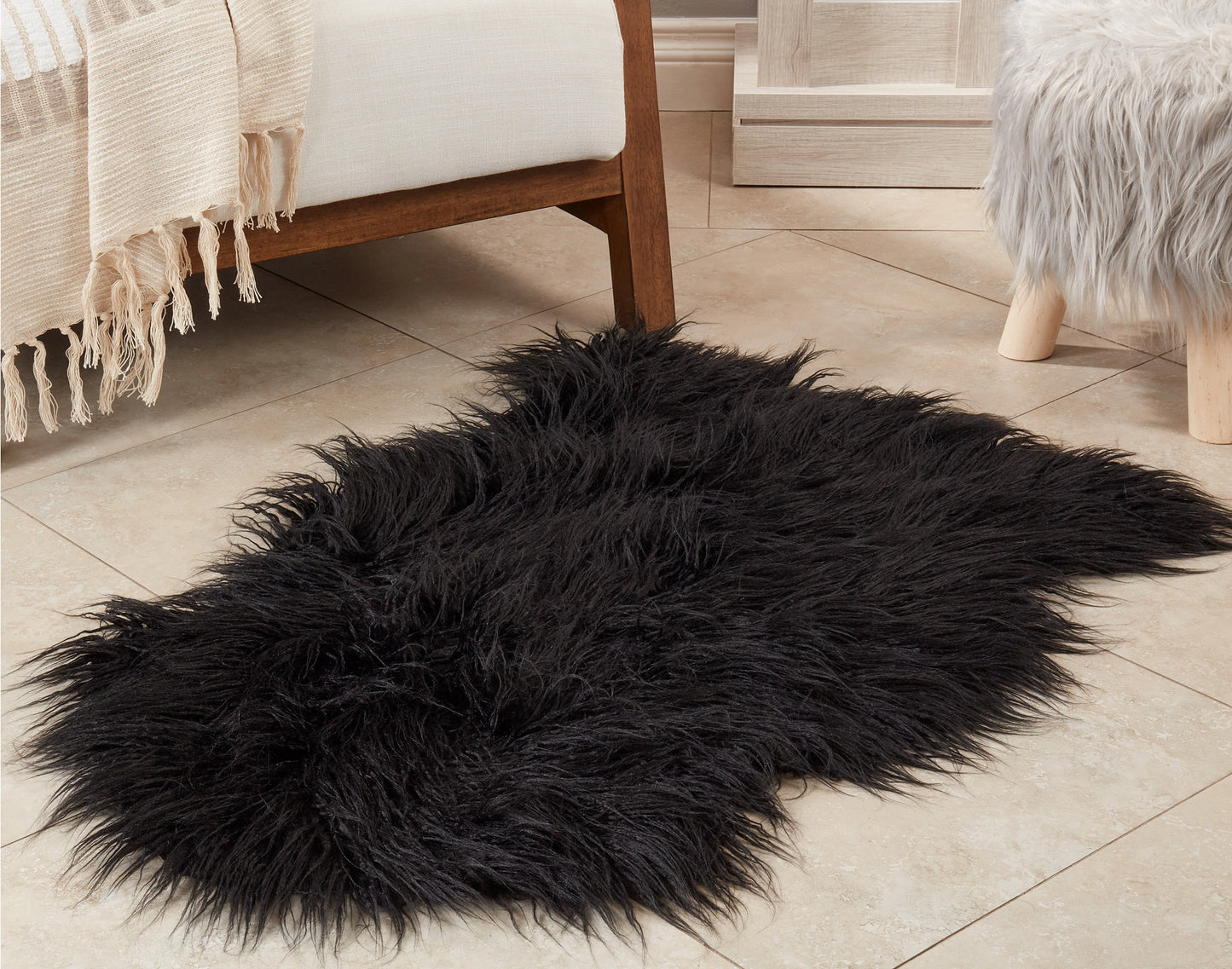 Faux Mongolian Fur Rug - Black