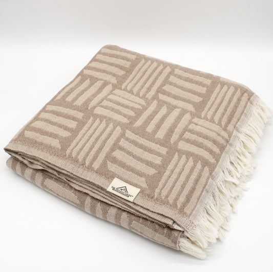 Beige Turkish Cotton Geometric Patterned Throw Blanket