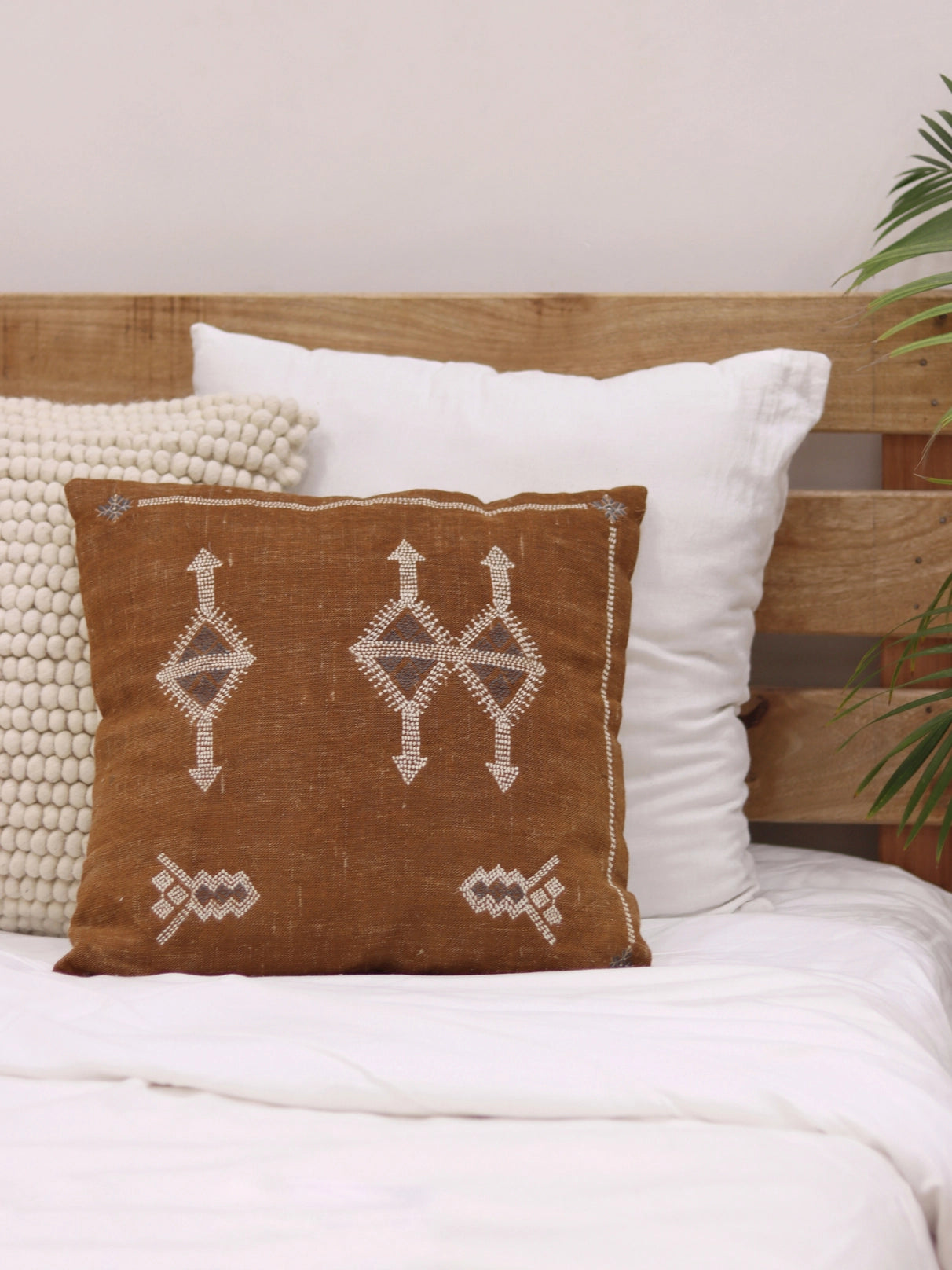 Moroccan Embroidered Ochre Linen Throw Pillow Cover